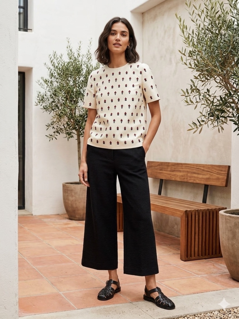 Tory Burch Cream Short-Sleeve Top with Red and Black Beaded Embroidery